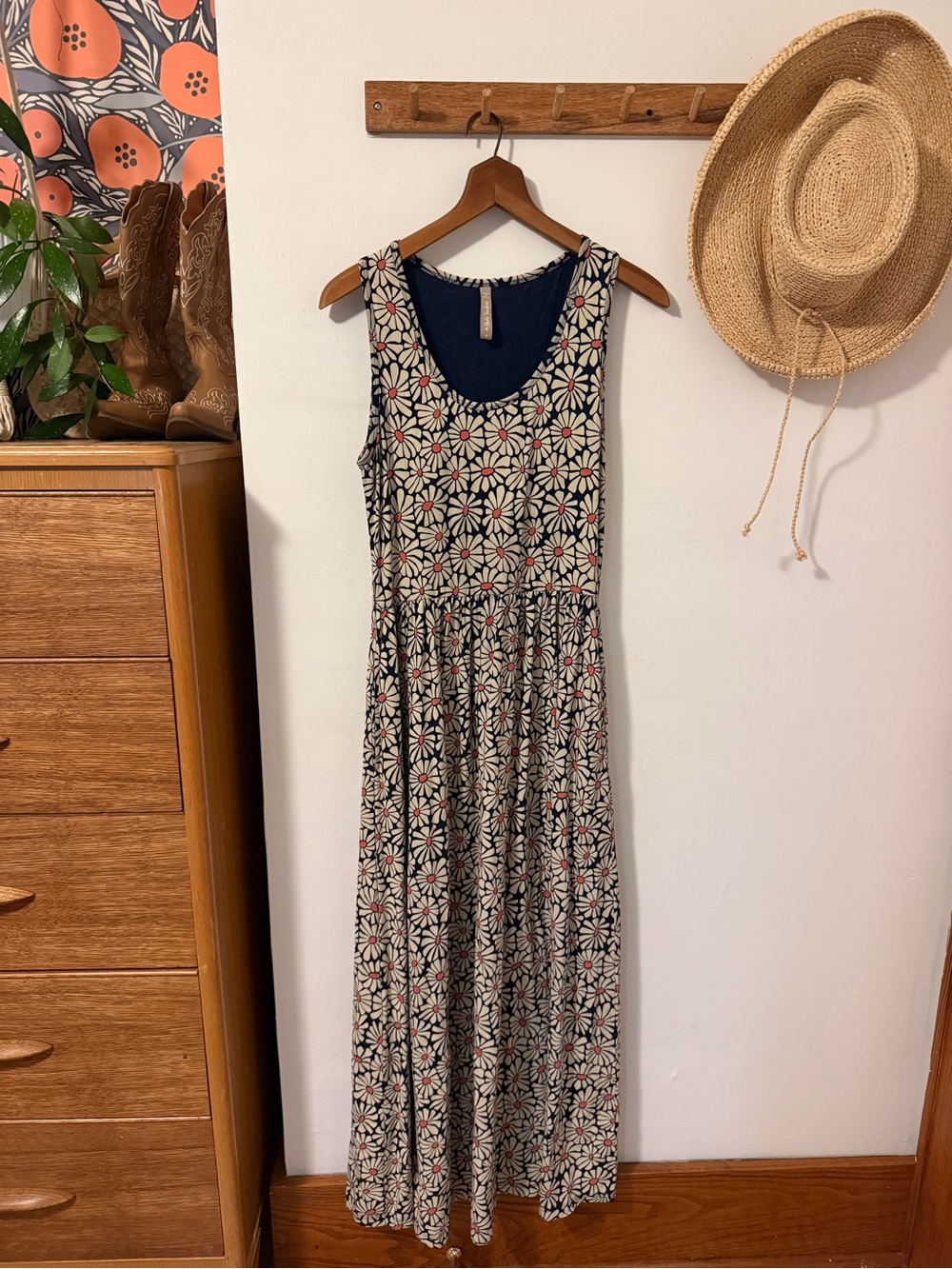 Mata Traders Sleeveless Floral Maxi Dress in Navy and Cream